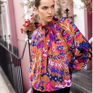 Oliphant Multicolor Printed Smocked Neck Blouse - Tan, Pink, Blue, Black